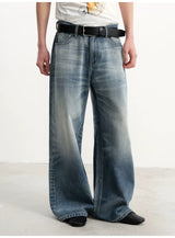 Grey Blue Distressed Wide Leg Jeans