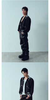 Ribbed Collar Shell Button Acetate Jacket