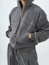 Gray Khaki Corduroy Embroidered Striped Zip-Hoodie