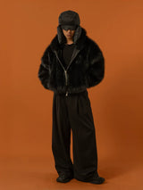 Black Red Hooded Faux Fur Coat