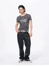 Slim Fit Letter Print Striped Tees