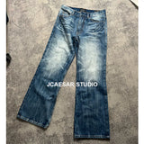 Heavy Wash Lightning Crack Flare Jeans