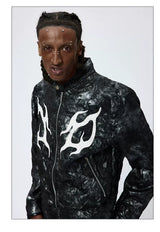 American Printed Pleated Leather Biker Jacket
