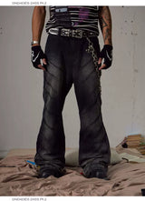 Black Washed Distressed Straight Flared Jeans