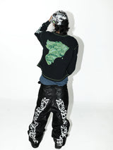 Black Green Printed Waffle Long-Sleeve Tee