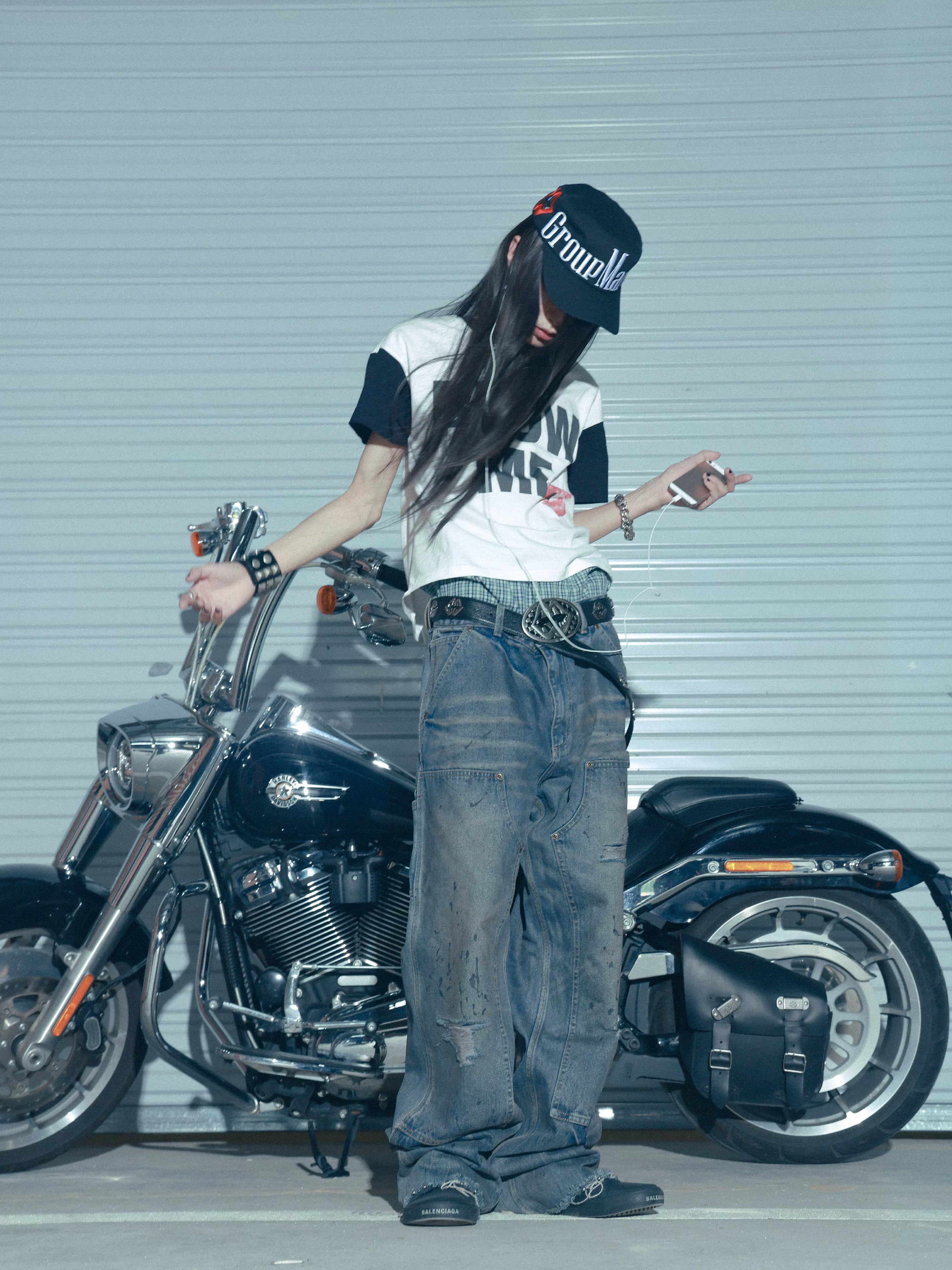 Blue Splattered Distressed Knee Logger Jeans