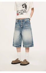 Whisker Wash Button Denim Shorts