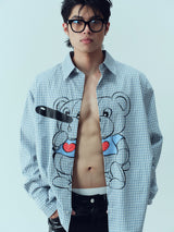 Retro Plaid Pinocchio Bear Print Shirt