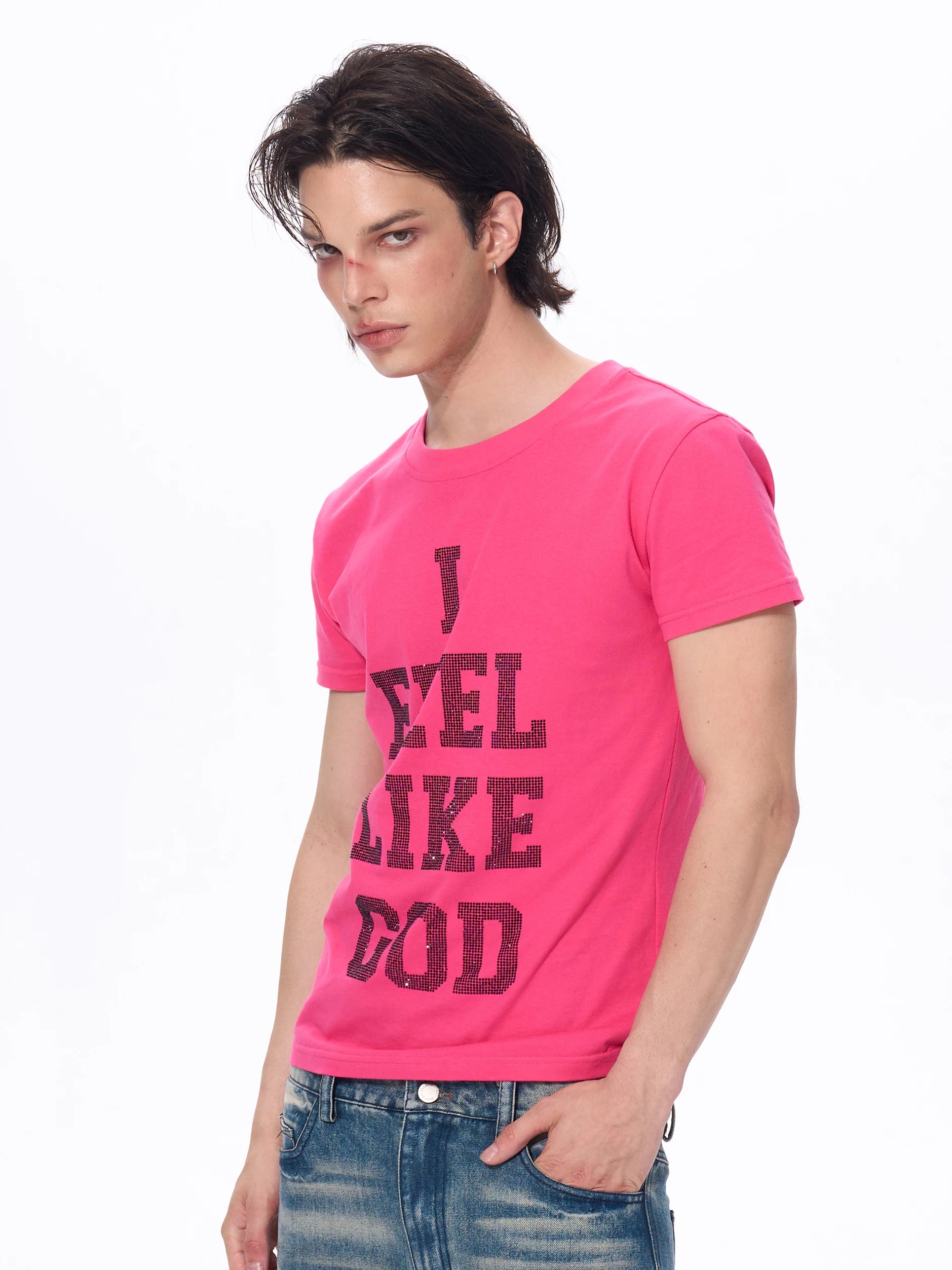 Men's Rhinestone Letter Crew Neck Tees