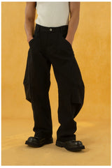 Men's Black Patchwork Wide Curved Jeans