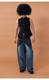Black Slim Stand Collar Chinese Vest