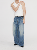 Heavyweight Natural Wash Asymmetrical Cargo Jeans