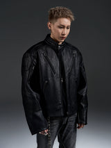 Dark Zip-Up Padded Biker Leather Jacket