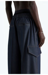 Indigo Denim-Style Drawstring Waist Cargo Pants