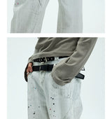 White Double Waistband Studded Straight Jeans