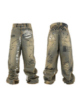 Washed Blue Mud-Dyed Graffiti Baggy Jeans