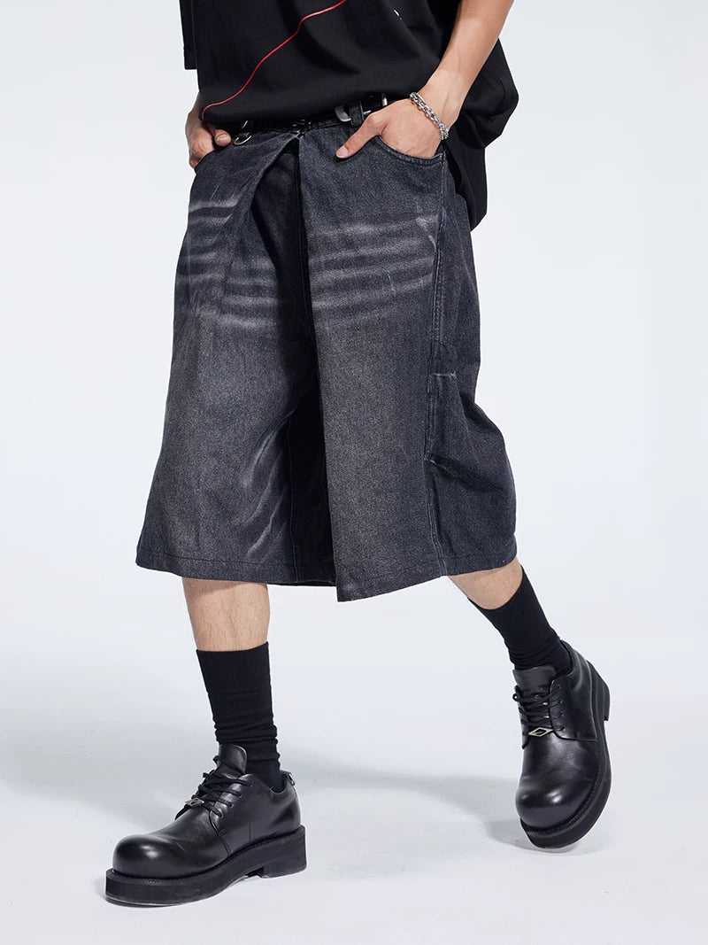 Special Waistband Tailored Washed Denim Shorts