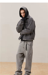Men's Washed Frayed Collared Denim Jacket