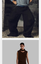 Black Patchwork Wide Leg Floor-Length Pants