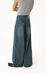 Men's Blue Distressed Riveted Straight Jeans