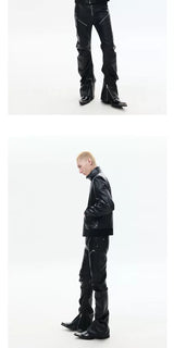 Slim Curved Leather Pants with Zippers