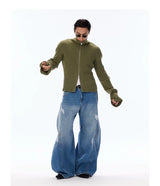 Cotton Ribbed Double Zipper Cardigan