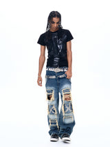 Black Printed Cross Crew Neck Tees