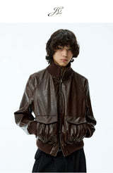 Cropped Double Zipper Waxed Leather Jacket