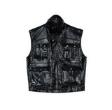 Croc Embossed Multi-pocket Sleeveless Leather Jacket