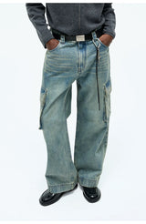 Washed Multi-pocket Straight Leg Cargo Jeans