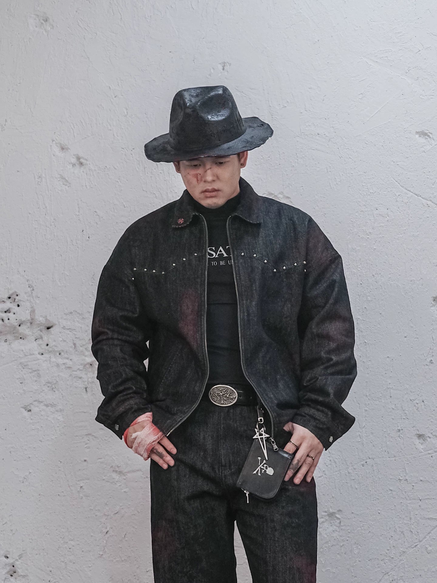 Bloodstained Raw Denim Riveted Fitted Jacket