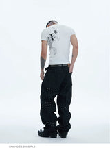 Asymmetric Pleated Studded Raw Denim Jeans