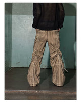 Distressed Drawstring Flare Cargo Pants