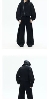 Curved Sleeves Zip Hooded Cardigan