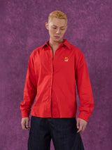 Red Oversized Collared Long Sleeve Shirt