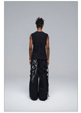 Stretchy Black Printed Ribbed Tank Top