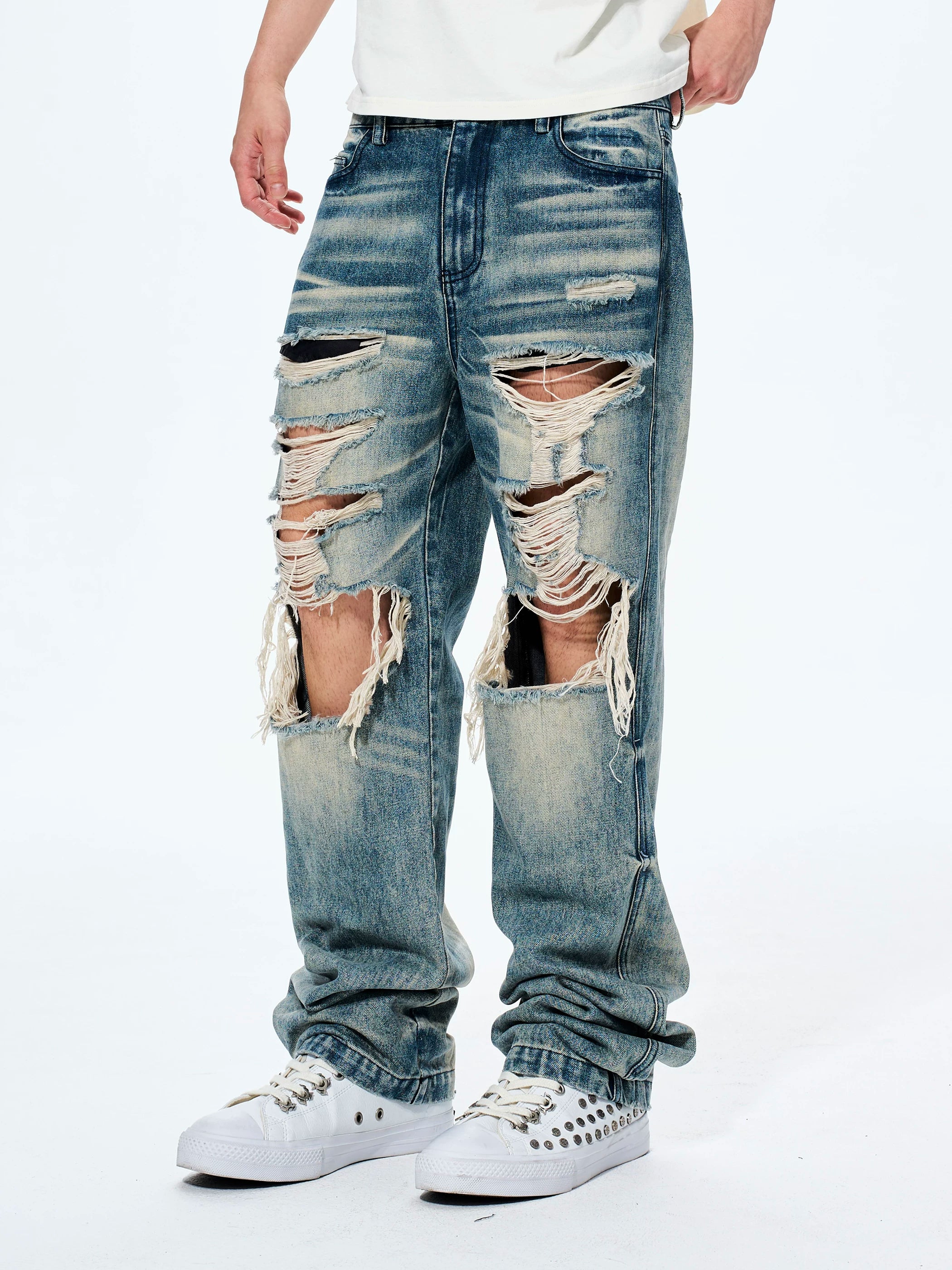 Men's Distressed Washed Straight Leg Jeans