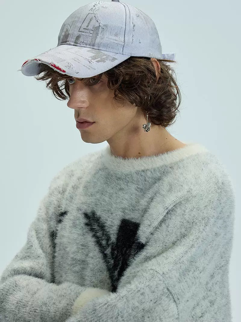 White Distressed Printed Long Brim Cap