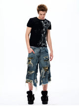 Street Style Splatter Ripped Cropped Pants