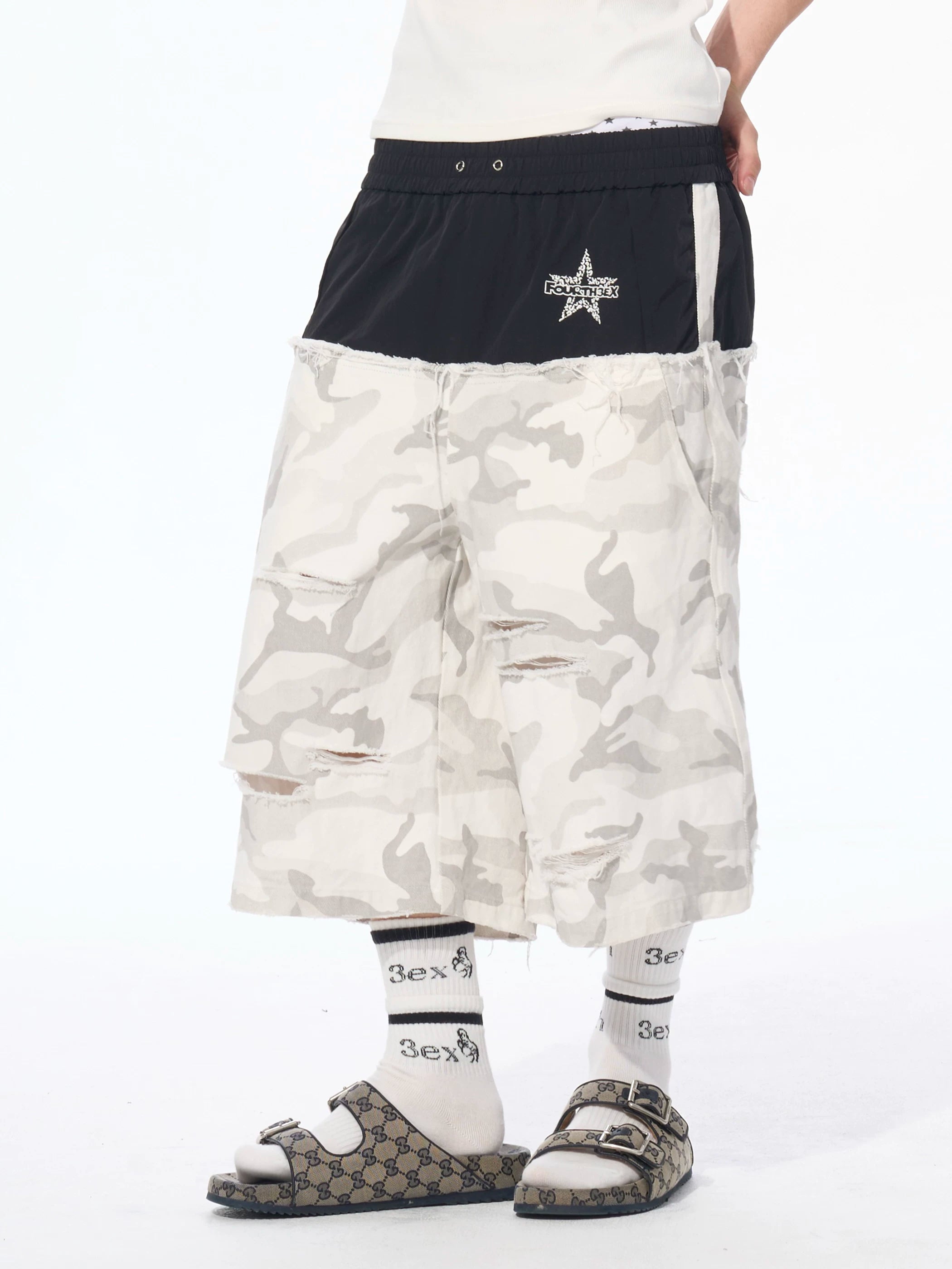 Men's Patchwork Ripped White Camo Pants
