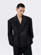 Black Waist-cinched Wide-shoulder Herringbone Blazer