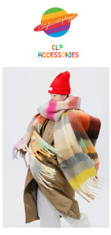 Fringed Rainbow Plaid Faux Cashmere Scarf