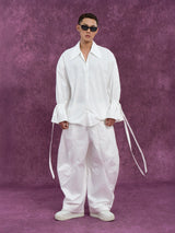 Men's Long-Sleeve Black-and-White Ruffled Sash Shirt