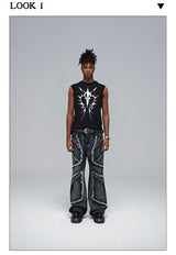 Stretchy Black Printed Ribbed Tank Top