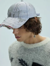 White Distressed Printed Long Brim Cap