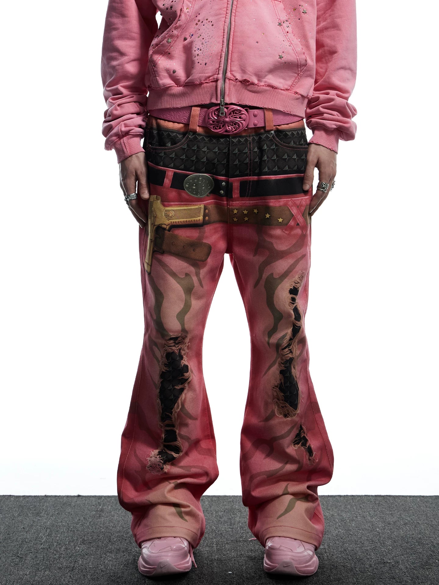 Double Waistband 3D Tiger Flare Jeans