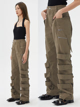 Vintage Brown Tie-Waist Wide-Leg Cargo Pants