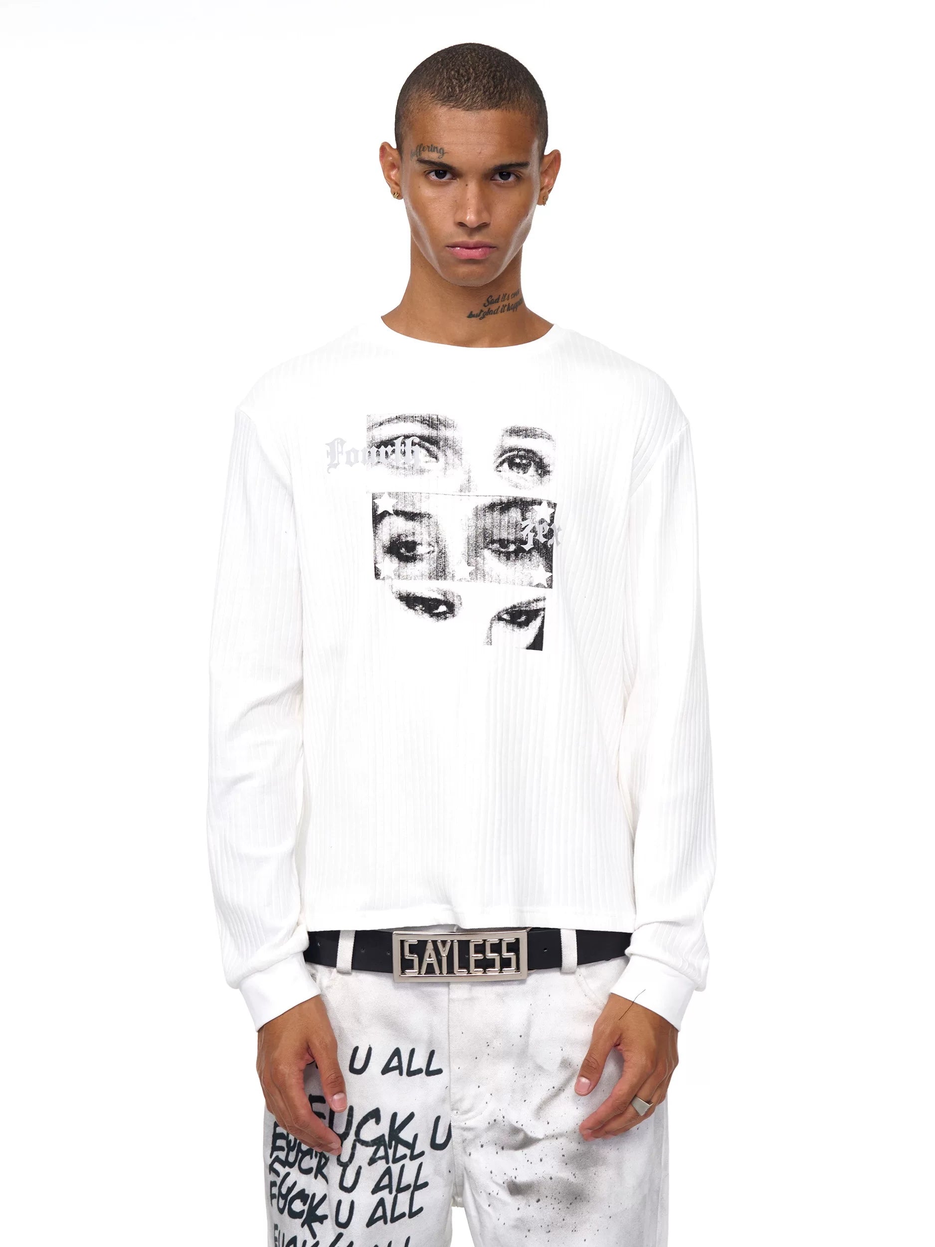 Men's White Eye Print Knit Sweatshirt