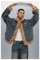 Unisex Vintage Faux Shearling Denim Puffer