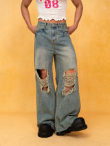 Men's Blue Distressed Wide Leg Jeans